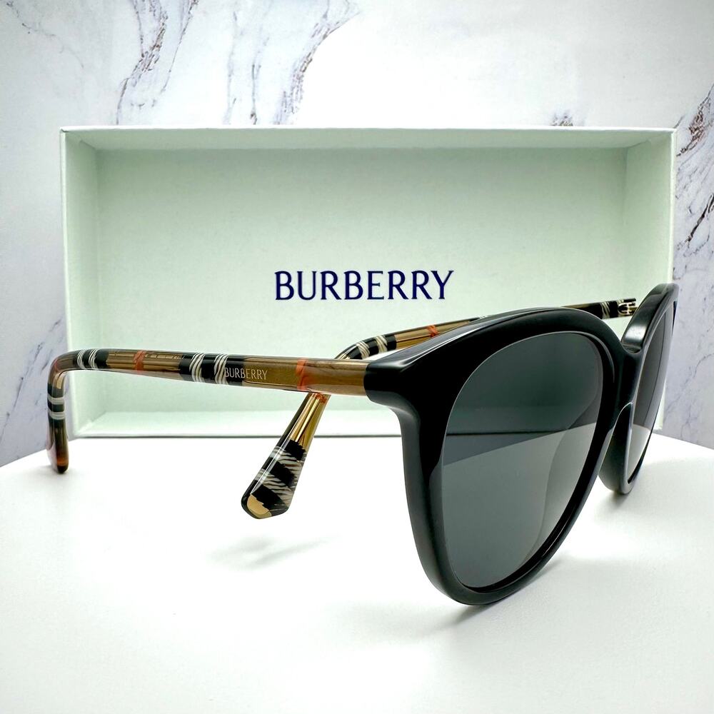 New Burberry Sunglasses Black Front Round Pantos Frame Checkered Arms Gray Lens - Picture 5 of 16